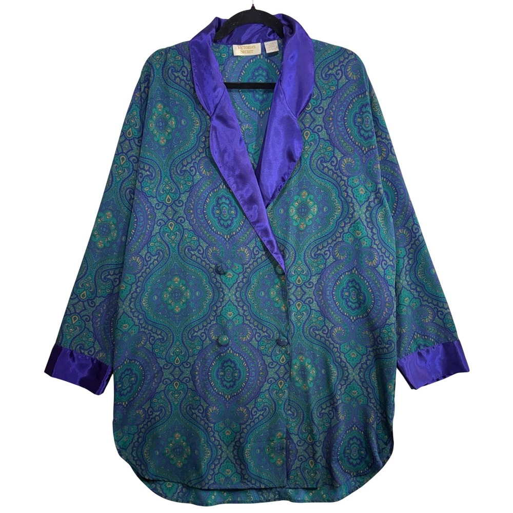 VTG Victoria's Secret Satin Pajama Robe Teal Purple Satin Paisley‎ Lounge Sleep